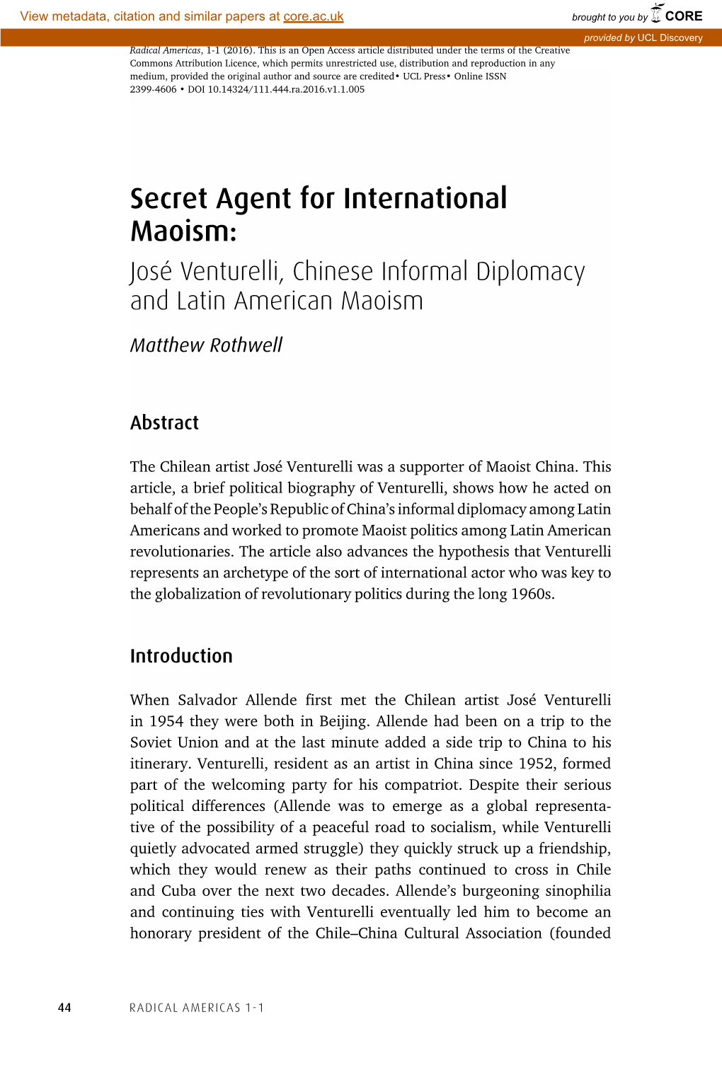 Secret Agent for International Maoism: José Venturelli, Chinese Informal Diplomacy and Latin American Maoism