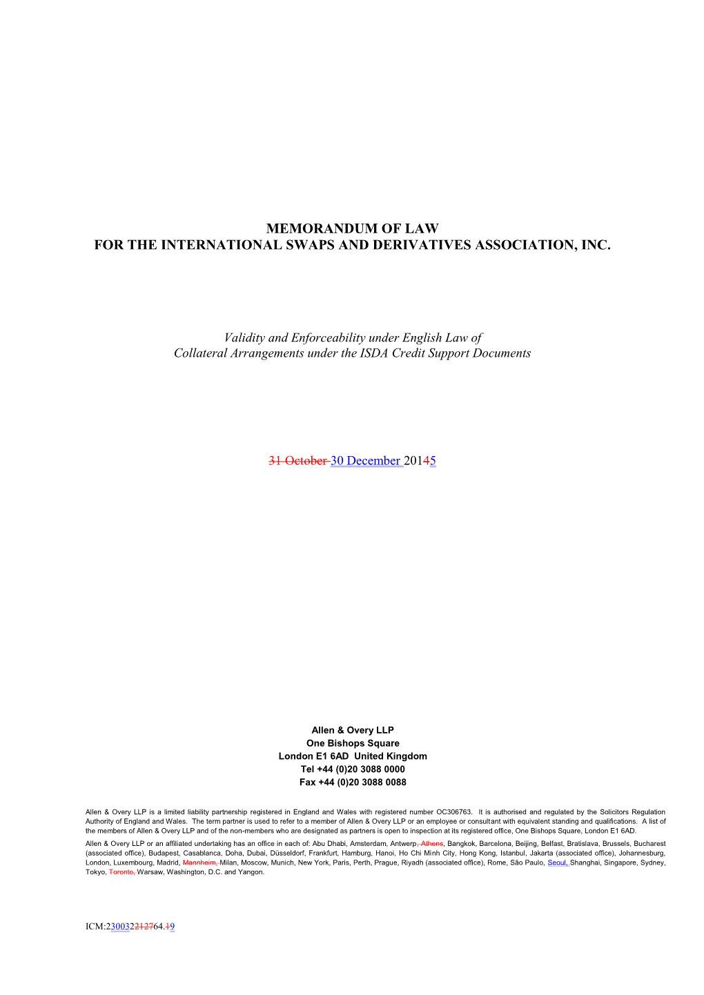 Memorandum of Law for the International Swaps and Derivatives Association, Inc