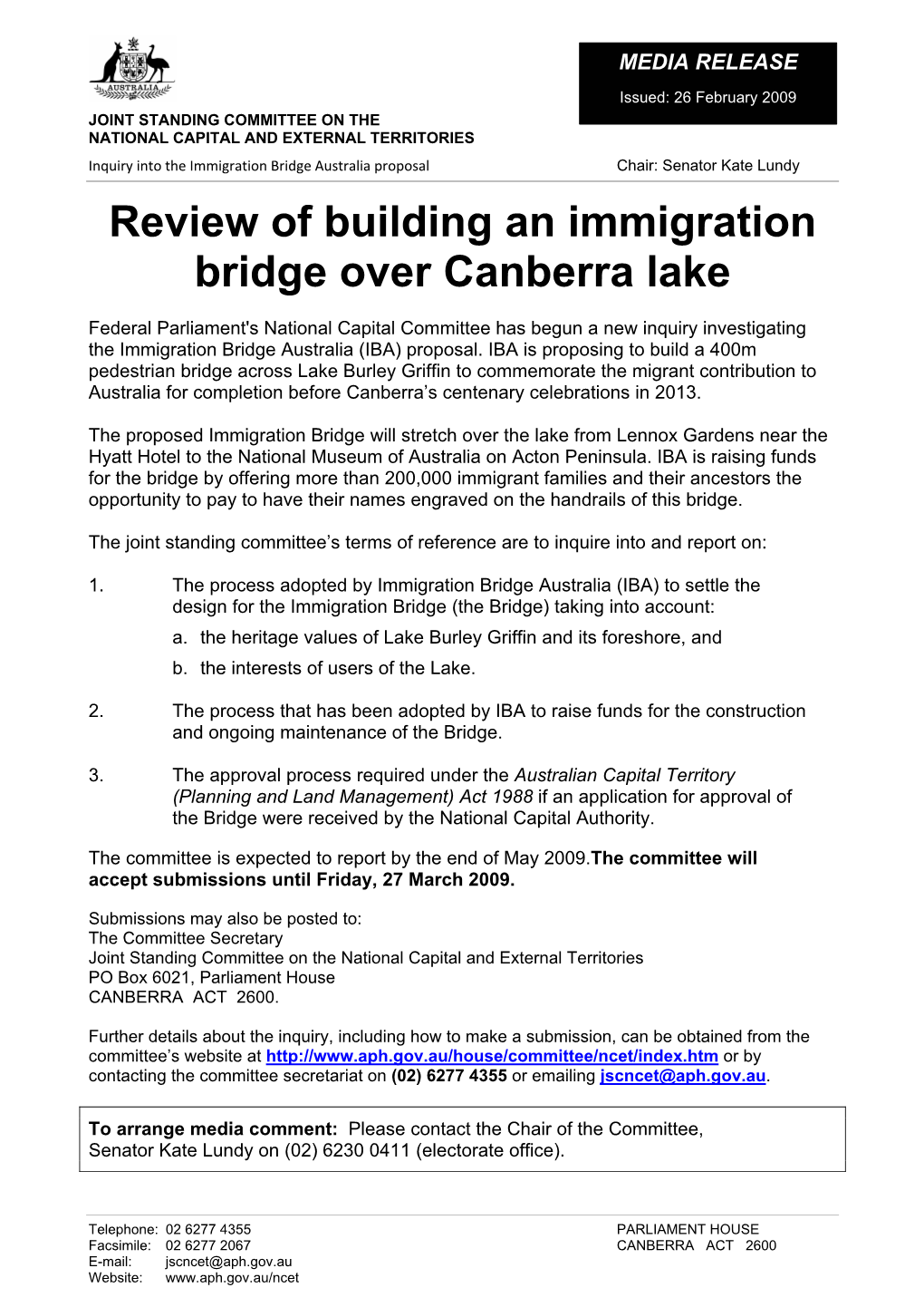 Review of Building an Immigration Bridge Over Canberra Lake