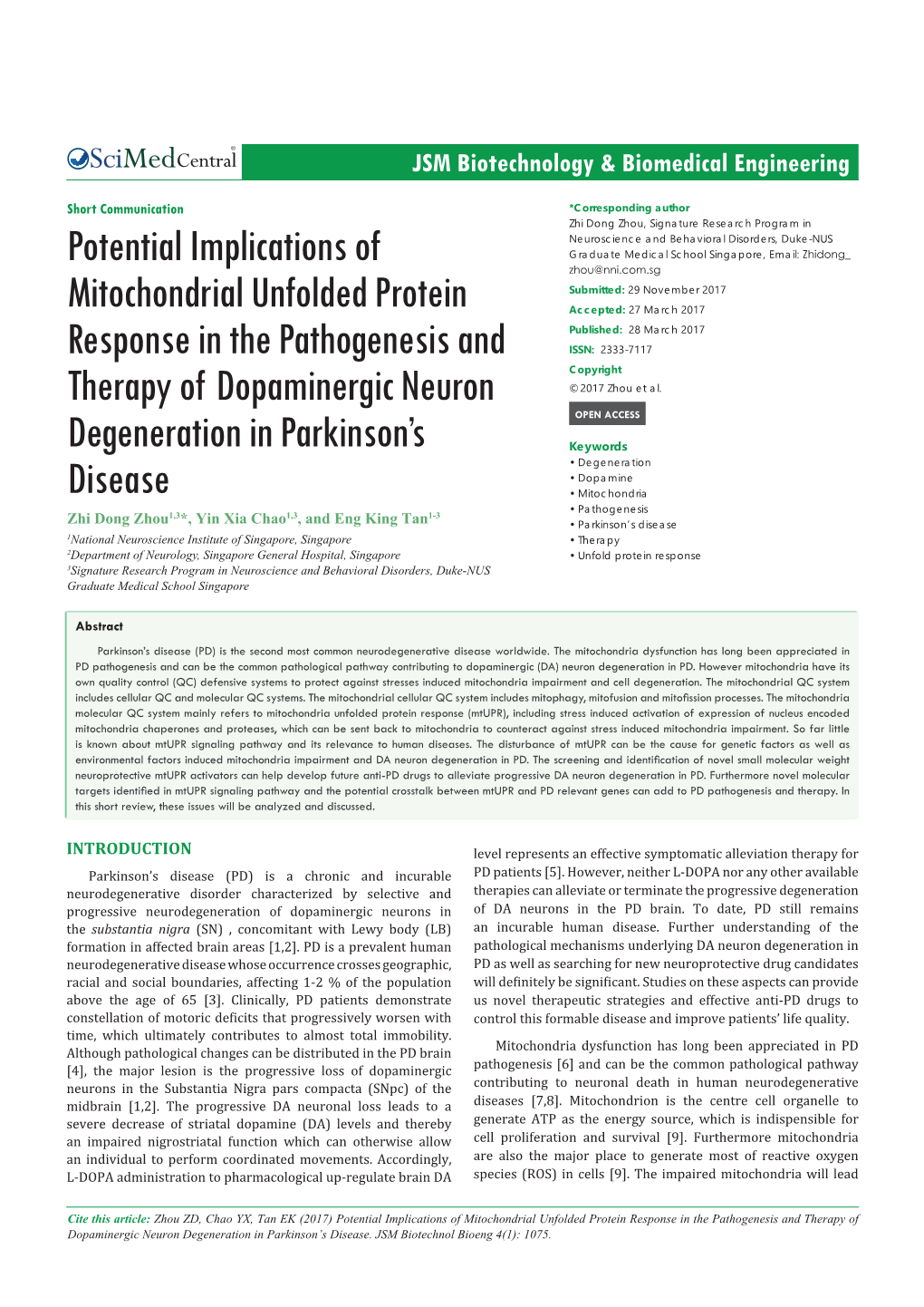 Potential Implications of Mitochondrial Unfolded Protein Response in the Pathogenesis and Therapy of Dopaminergic Neuron Degeneration in Parkinson’S Disease