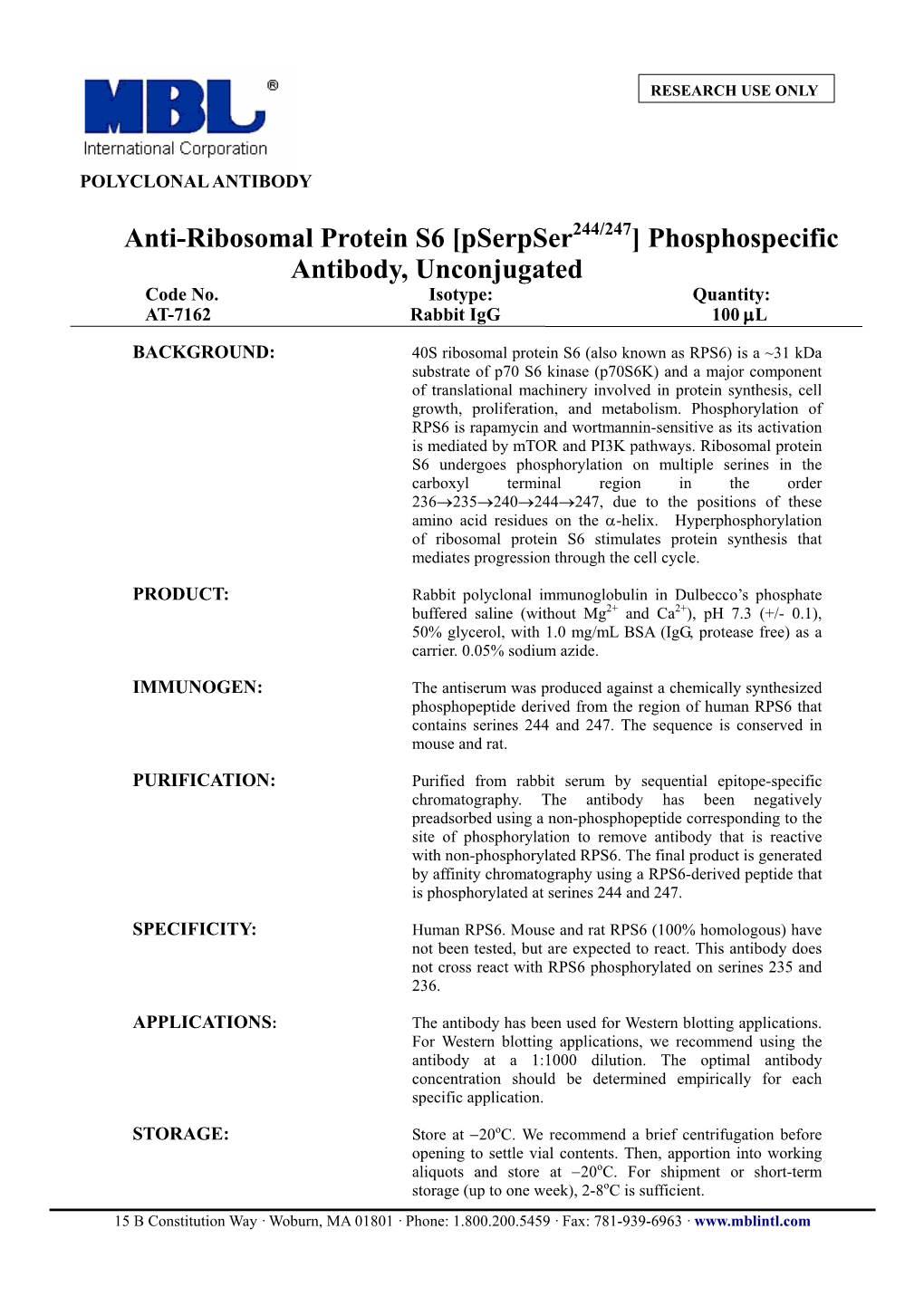 Anti-Ribosomal Protein S6 [Pserpser ] Phosphospecific Antibody, Unconjugated Code No
