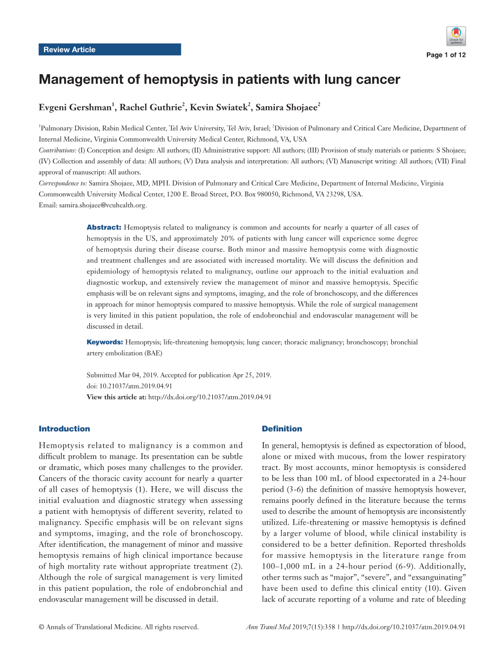 Management of Hemoptysis in Patients with Lung Cancer