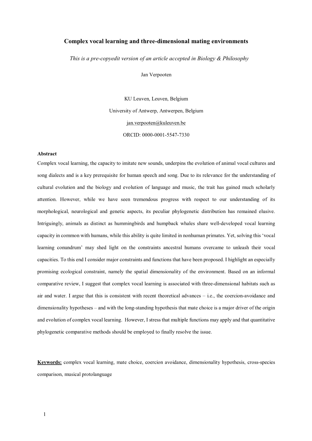 Complex Vocal Learning and Three-Dimensional Mating Environments