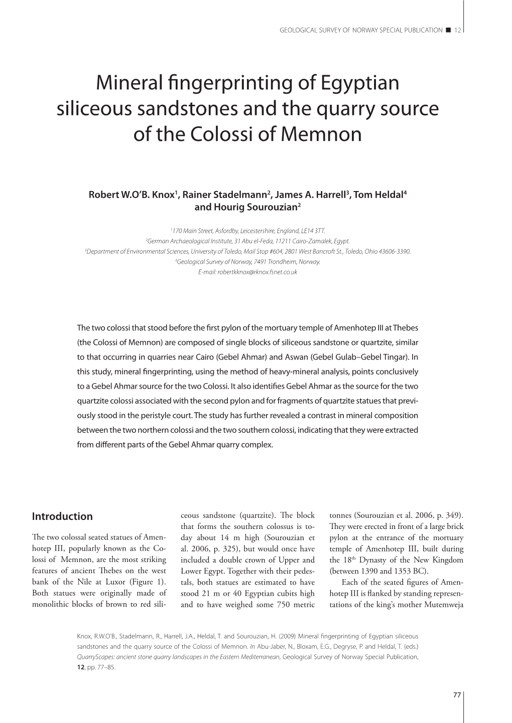 Mineral Fingerprinting of Egyptian Siliceous Sandstones and the Quarry Source of the Colossi of Memnon