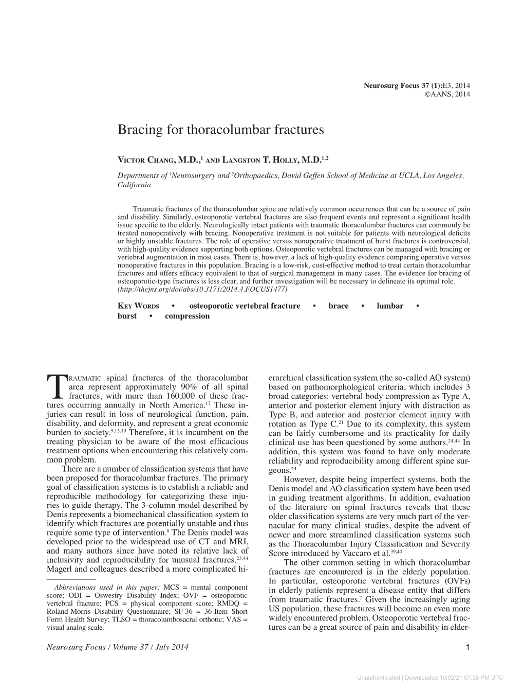 Bracing for Thoracolumbar Fractures