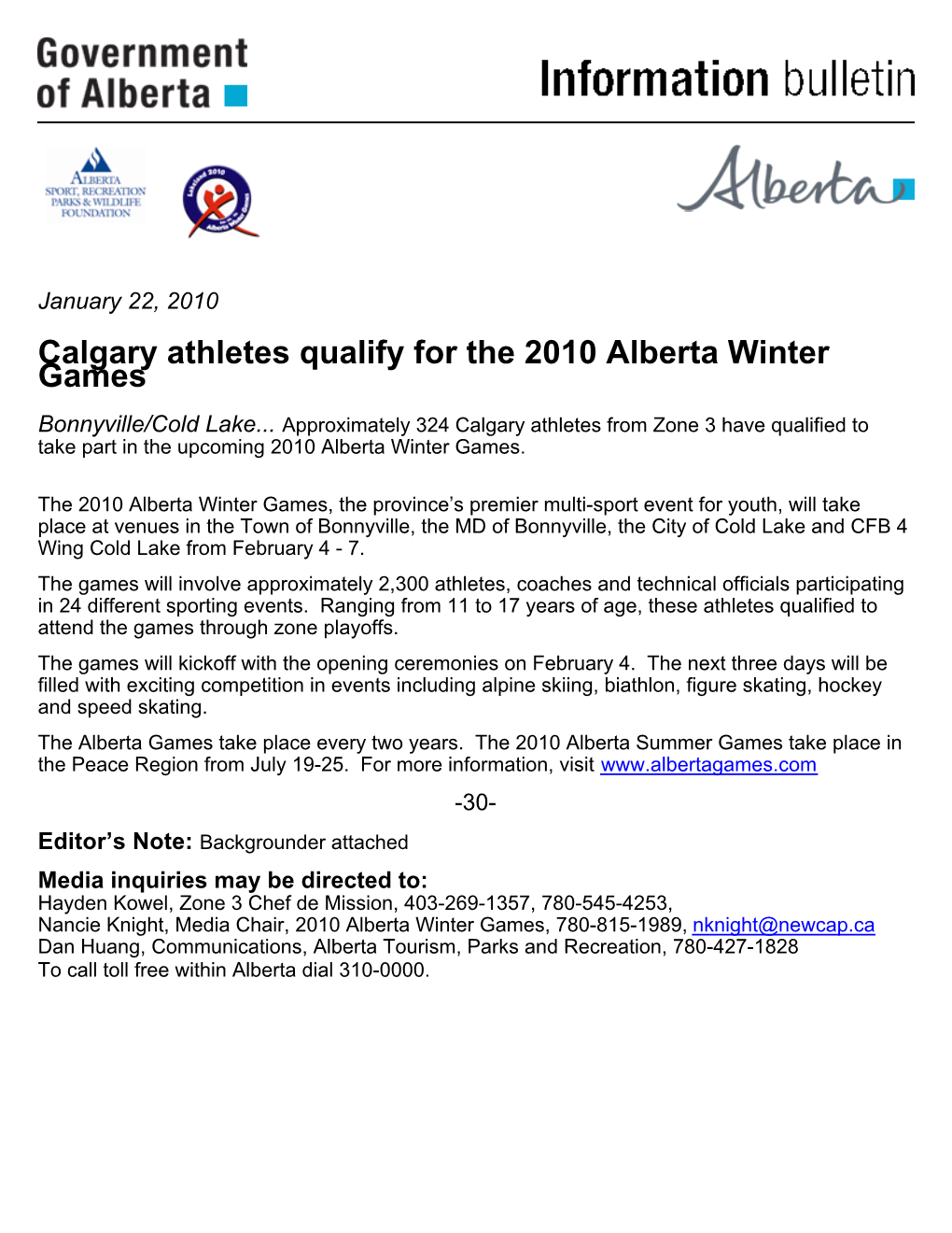 Calgary Athletes Qualify for the 2010 Alberta Winter Games