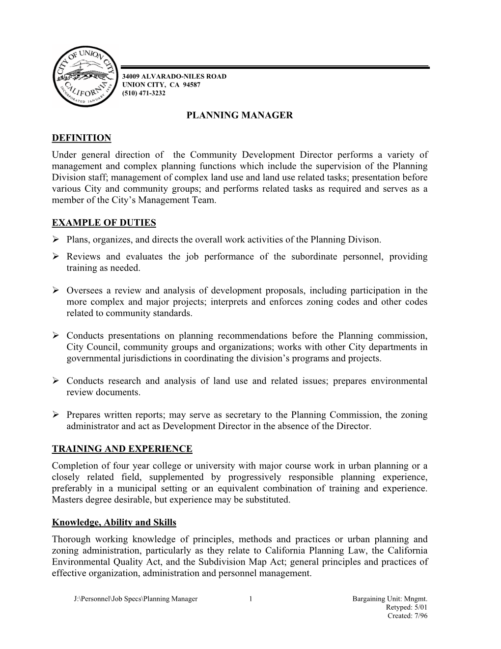 PLANNING MANAGER DEFINITION Under General Direction of the Community Development Director Performs a Variety of Management