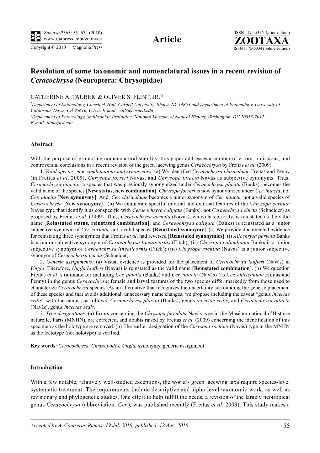 Zootaxa, Resolution of Some Taxonomic and Nomenclatural