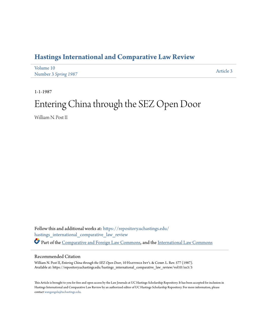Entering China Through the SEZ Open Door William N