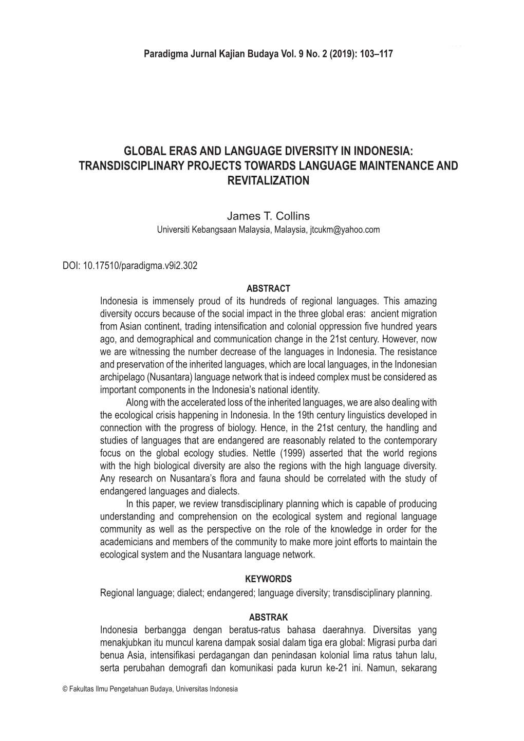 Global Eras and Language Diversity in Indonesia: Transdisciplinary Projects Towards Language Maintenance and Revitalization