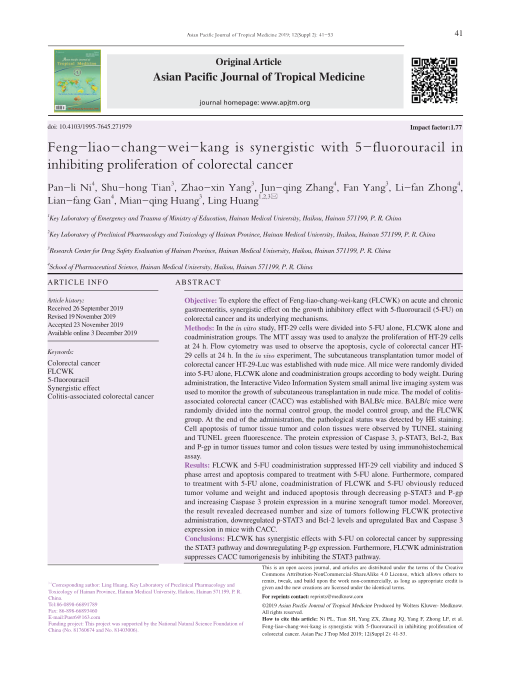 Feng-Liao-Chang-Wei-Kang Is Synergistic with 5-Fluorouracil in Inhibiting Proliferation of Colorectal Cancer