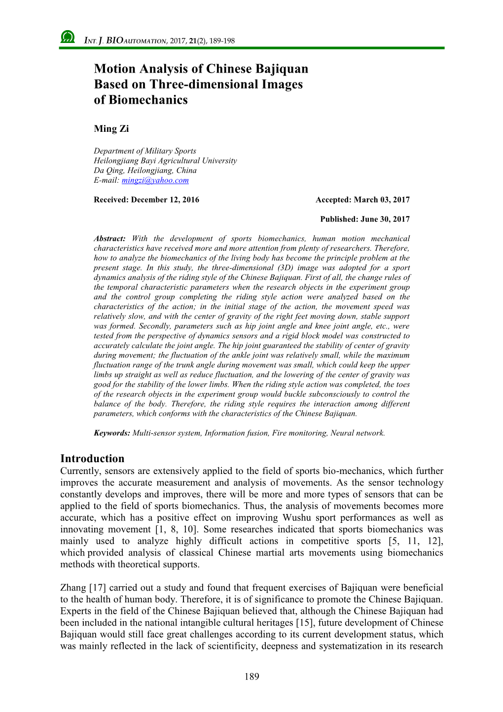 Motion Analysis of Chinese Bajiquan Based on Three-Dimensional Images of Biomechanics