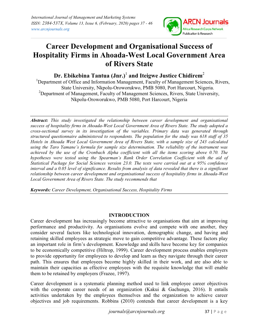 Career Development and Organisational Success of Hospitality Firms in Ahoada-West Local Government Area of Rivers State Dr