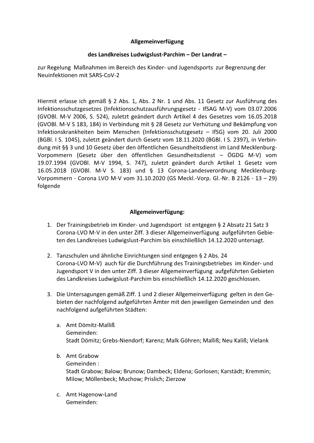 Allgemeinverfügung Des Landkreises Ludwigslust-Parchim – Der Landrat