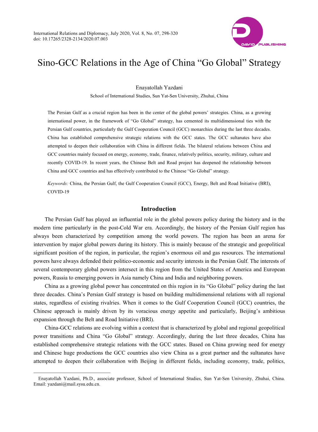 Sino-GCC Relations in the Age of China “Go Global” Strategy