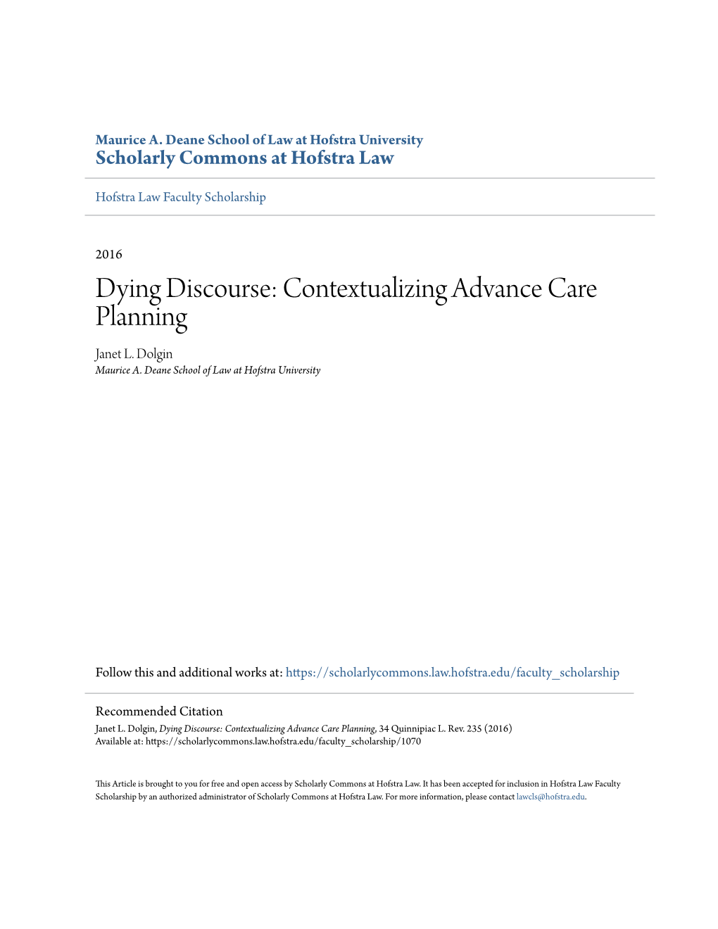 Contextualizing Advance Care Planning Janet L