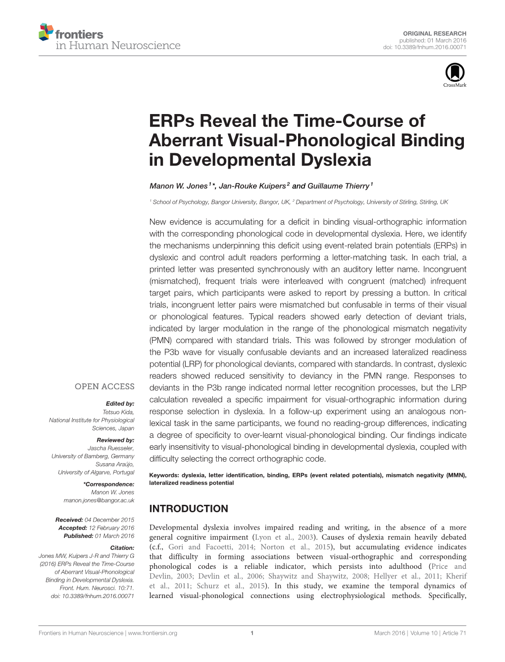 Erps Reveal the Time-Course of Aberrant Visual-Phonological Binding in Developmental Dyslexia