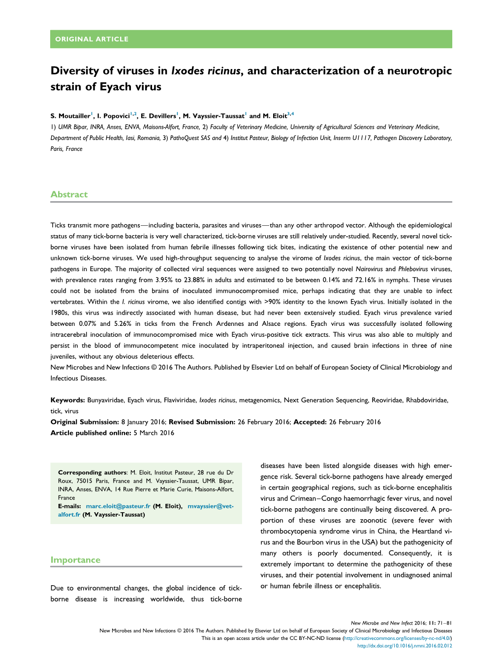 Diversity of Viruses in Ixodes Ricinus, and Characterization of a Neurotropic Strain of Eyach Virus