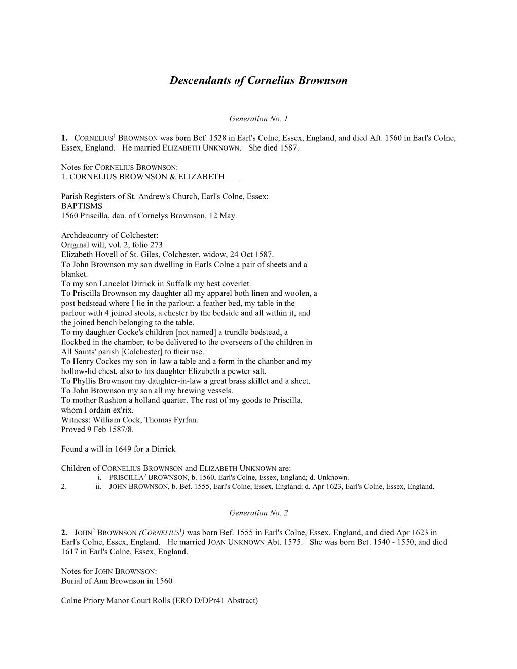 Descendants of Cornelius Brownson