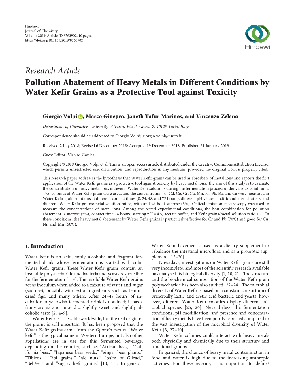 Pollution Abatement of Heavy Metals in Different Conditions by Water Kefir Grains As a Protective Tool Against Toxicity