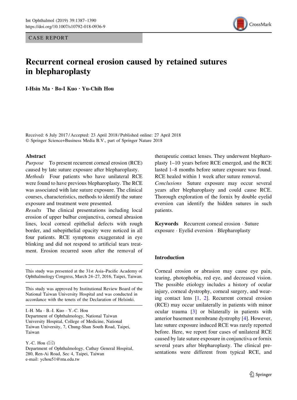 Recurrent Corneal Erosion Caused by Retained Sutures in Blepharoplasty