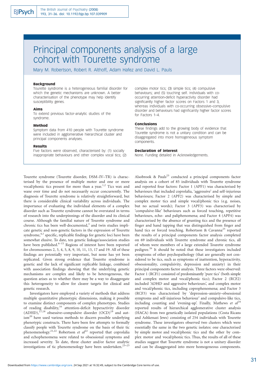 Principal Components Analysis of a Large Cohort with Tourette Syndrome Mary M