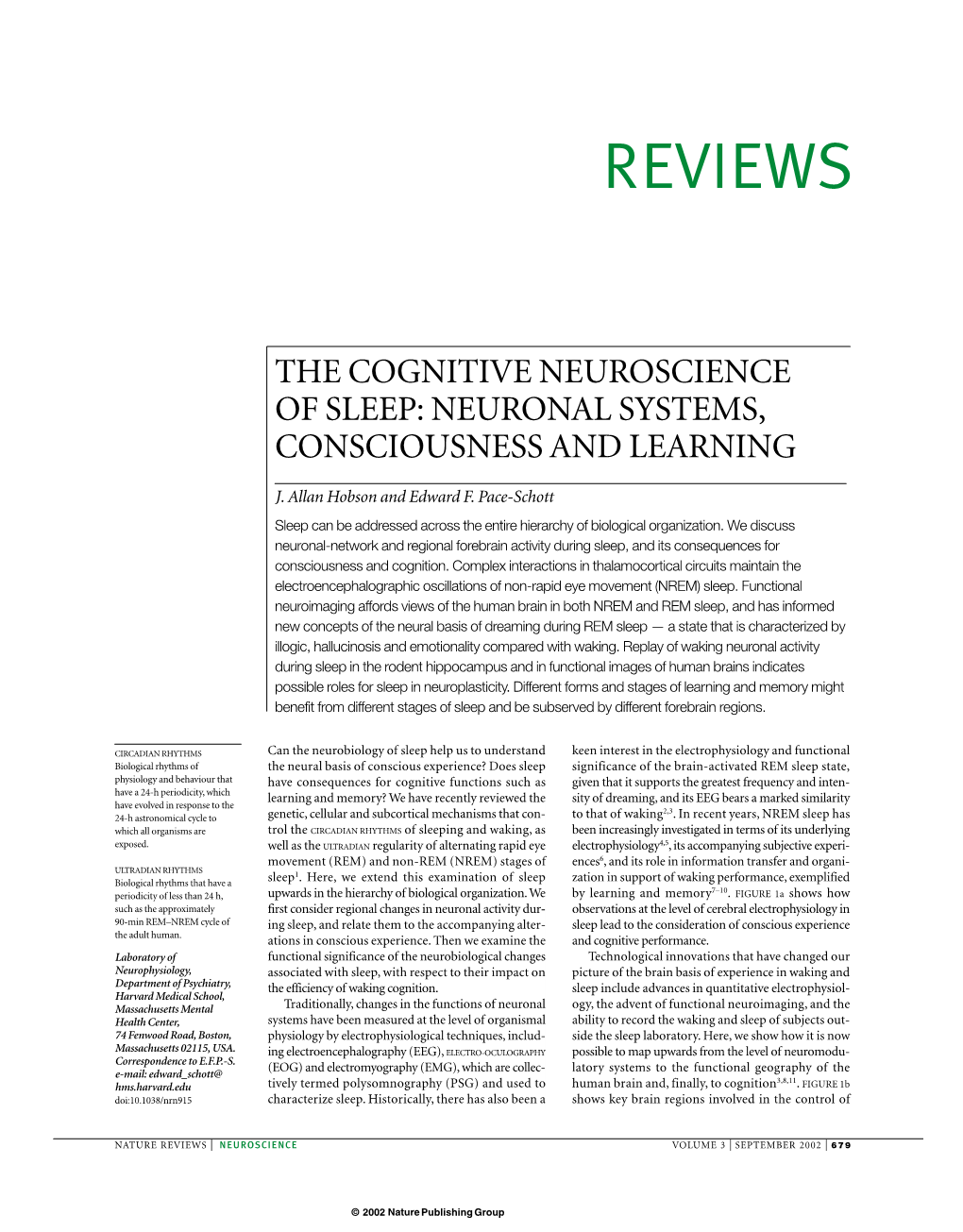 The Cognitive Neuroscience of Sleep: Neuronal Systems, Consciousness and Learning