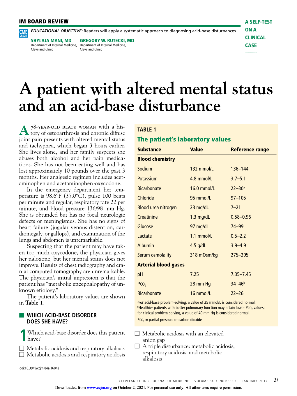 A Patient with Altered Mental Status and an Acid-Base Disturbance