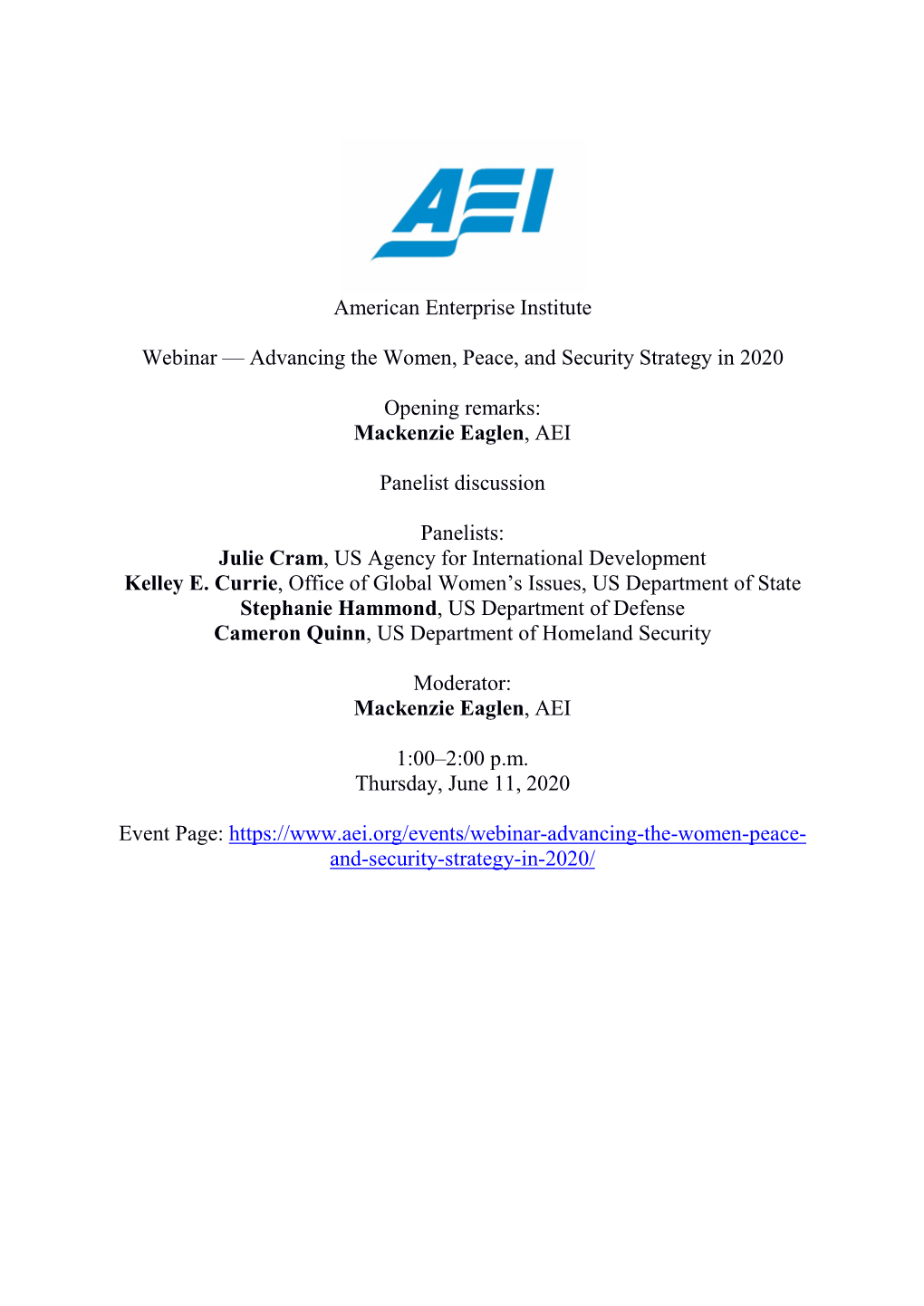 American Enterprise Institute Webinar — Advancing the Women, Peace