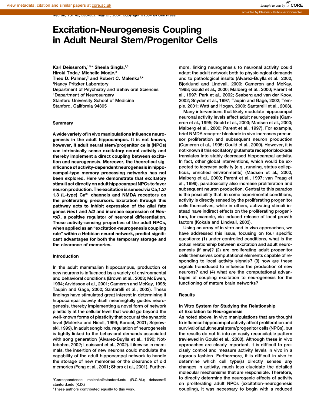 Excitation-Neurogenesis Coupling in Adult Neural Stem/Progenitor Cells