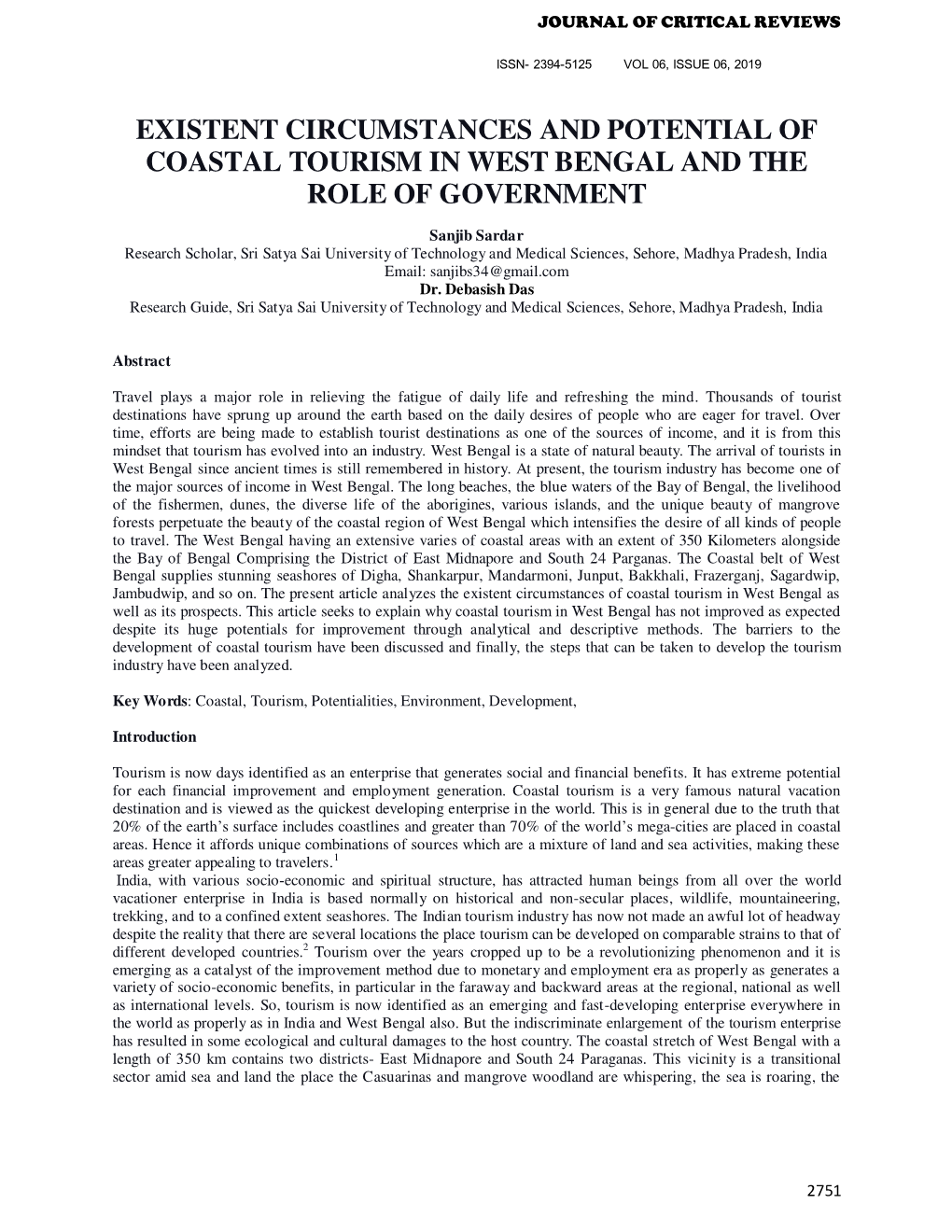 Existent Circumstances and Potential of Coastal Tourism in West Bengal and the Role of Government