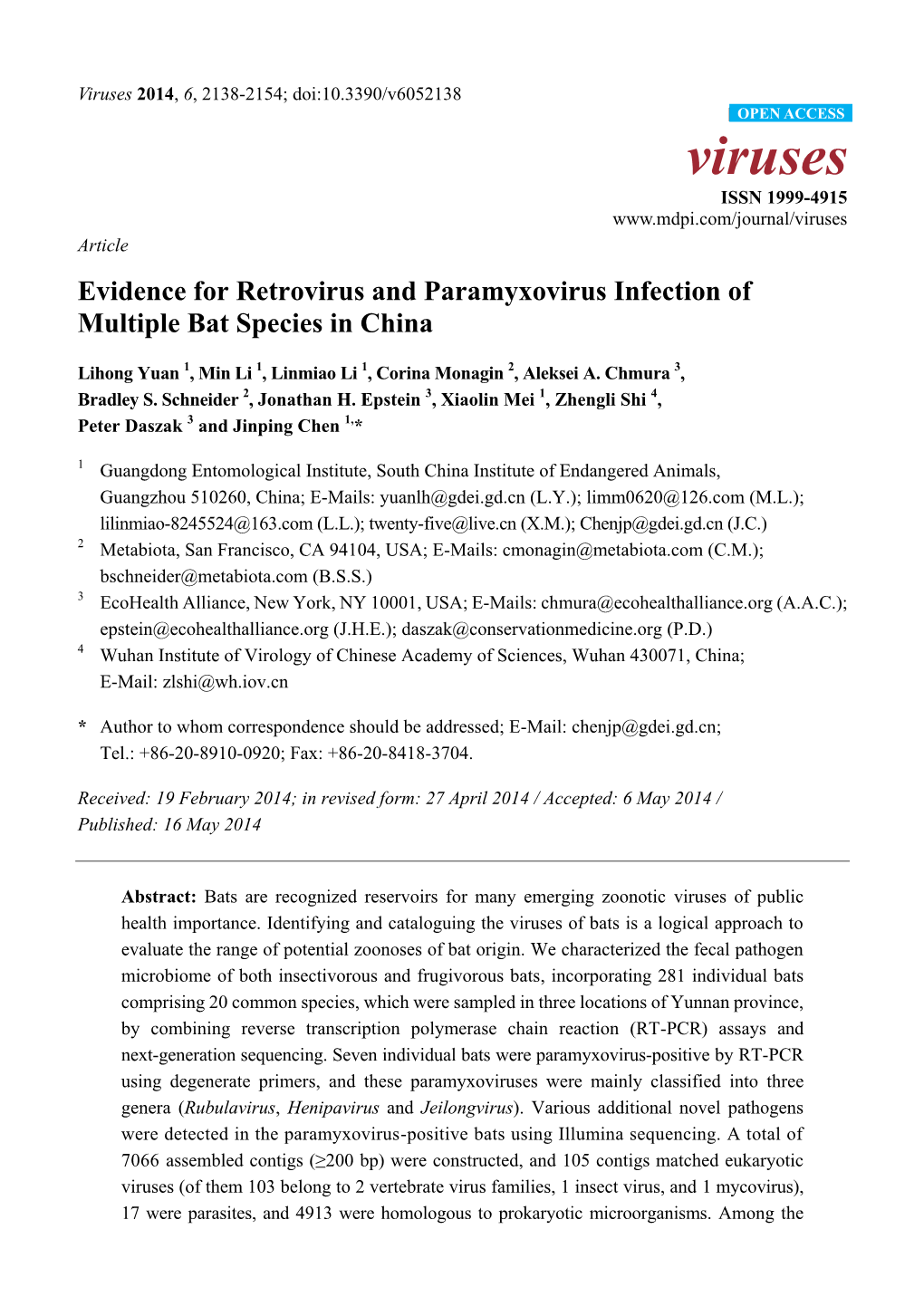 Evidence for Retrovirus and Paramyxovirus Infection of Multiple Bat Species in China