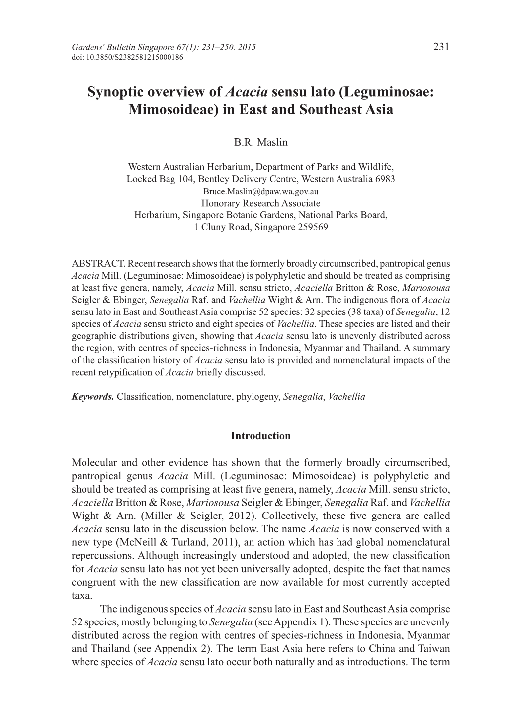 Synoptic Overview of Acacia Sensu Lato (Leguminosae: Mimosoideae) in East and Southeast Asia