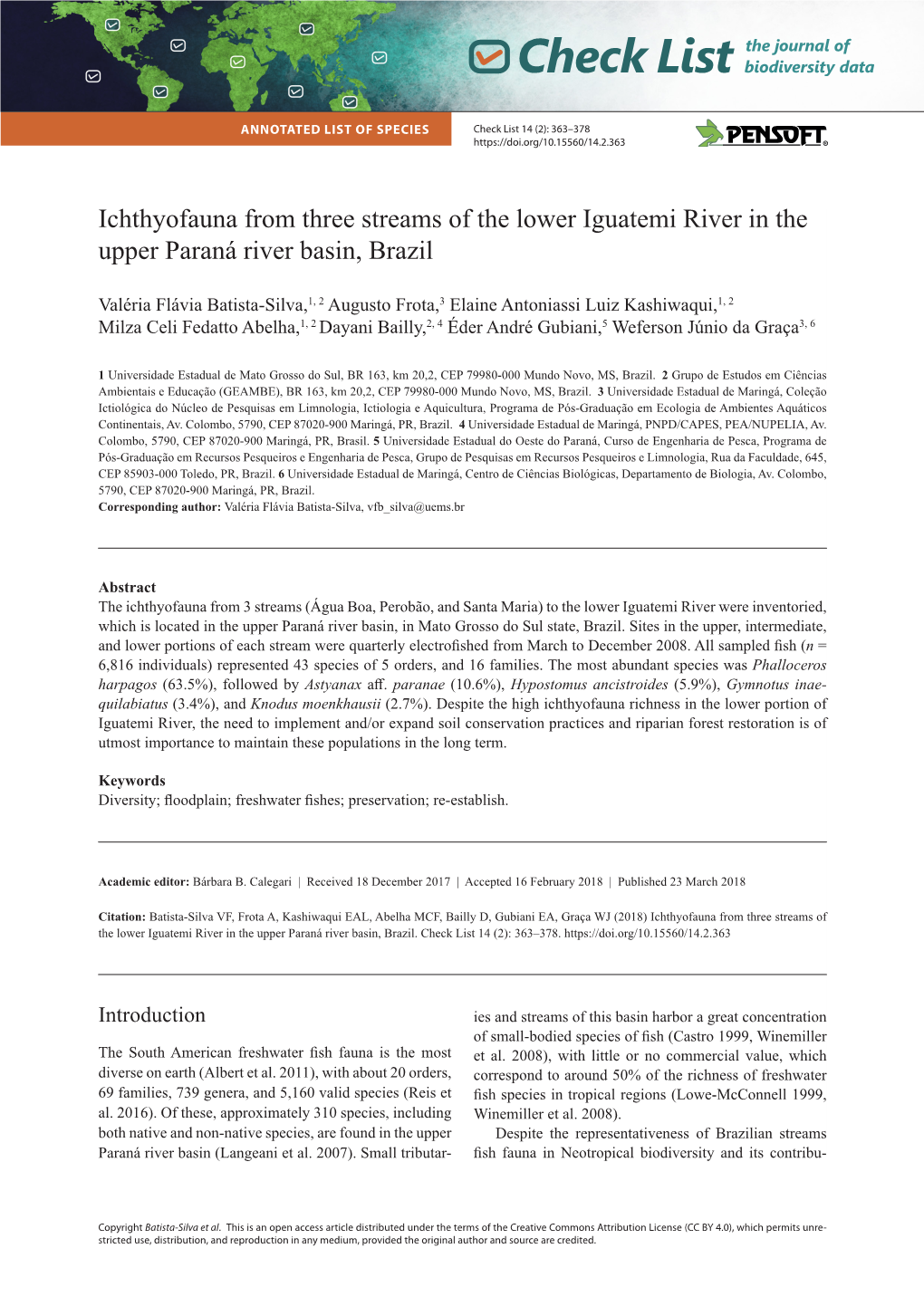 Ichthyofauna from Three Streams of the Lower Iguatemi River in the Upper Paraná River Basin, Brazil