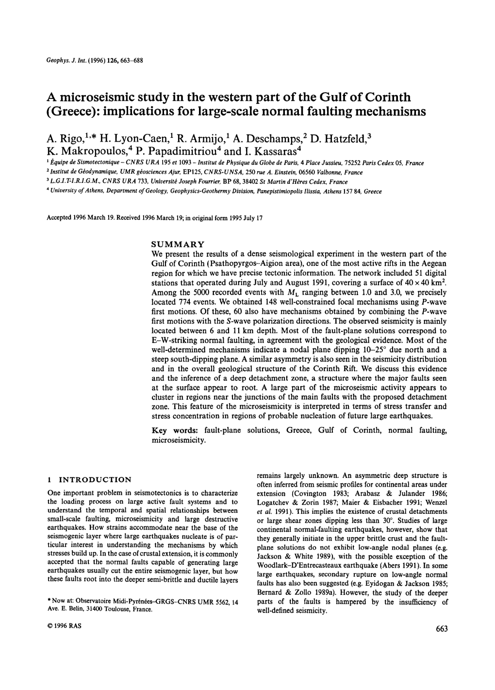 A Microseismic Study in the Western Part of the Gulf of Corinth (Greece): Implications for Large-Scale Normal Faulting Mechanisms