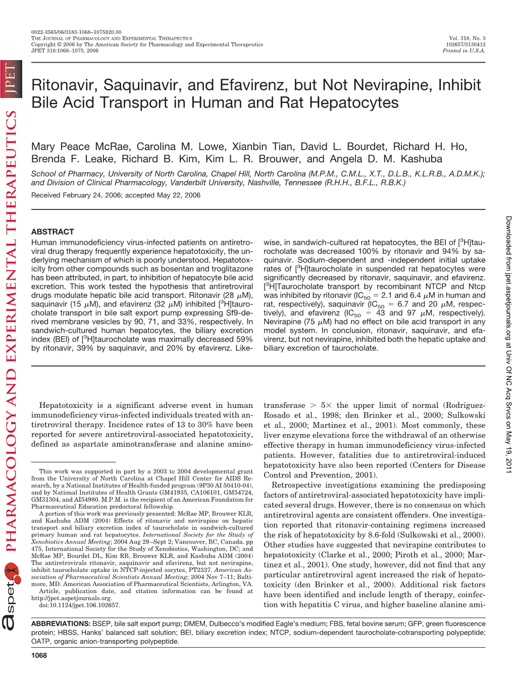 Ritonavir, Saquinavir, and Efavirenz, but Not Nevirapine, Inhibit Bile Acid Transport in Human and Rat Hepatocytes