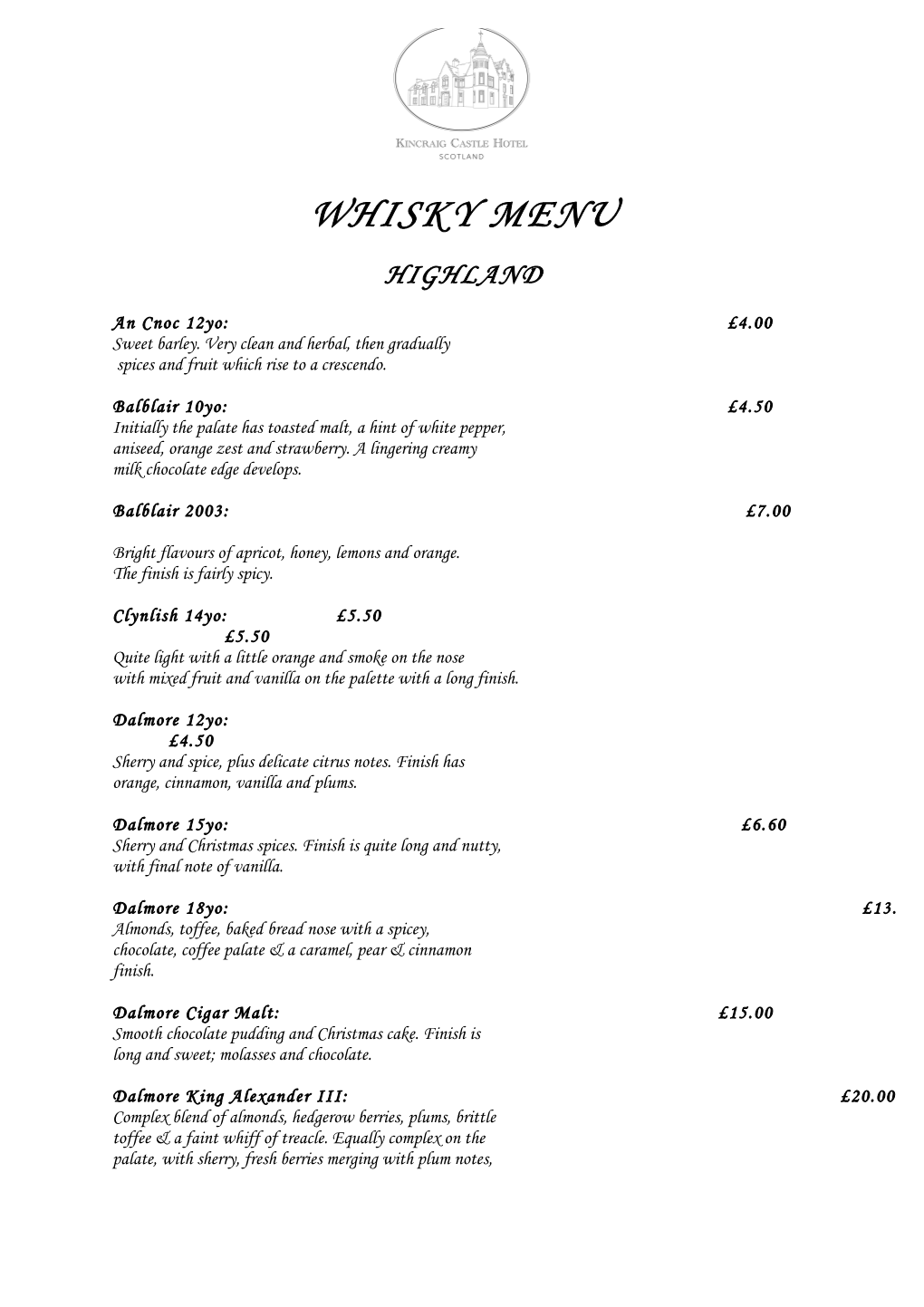 Website Whisky Menu