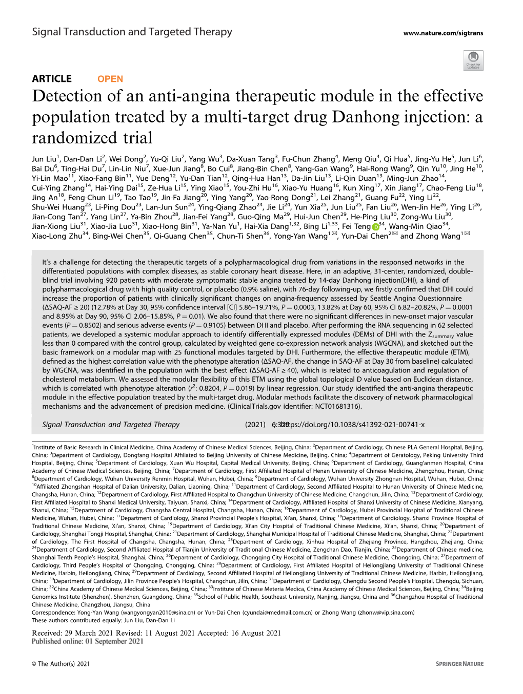 Detection of an Anti-Angina Therapeutic Module in the Effective Population Treated by a Multi-Target Drug Danhong Injection: a Randomized Trial