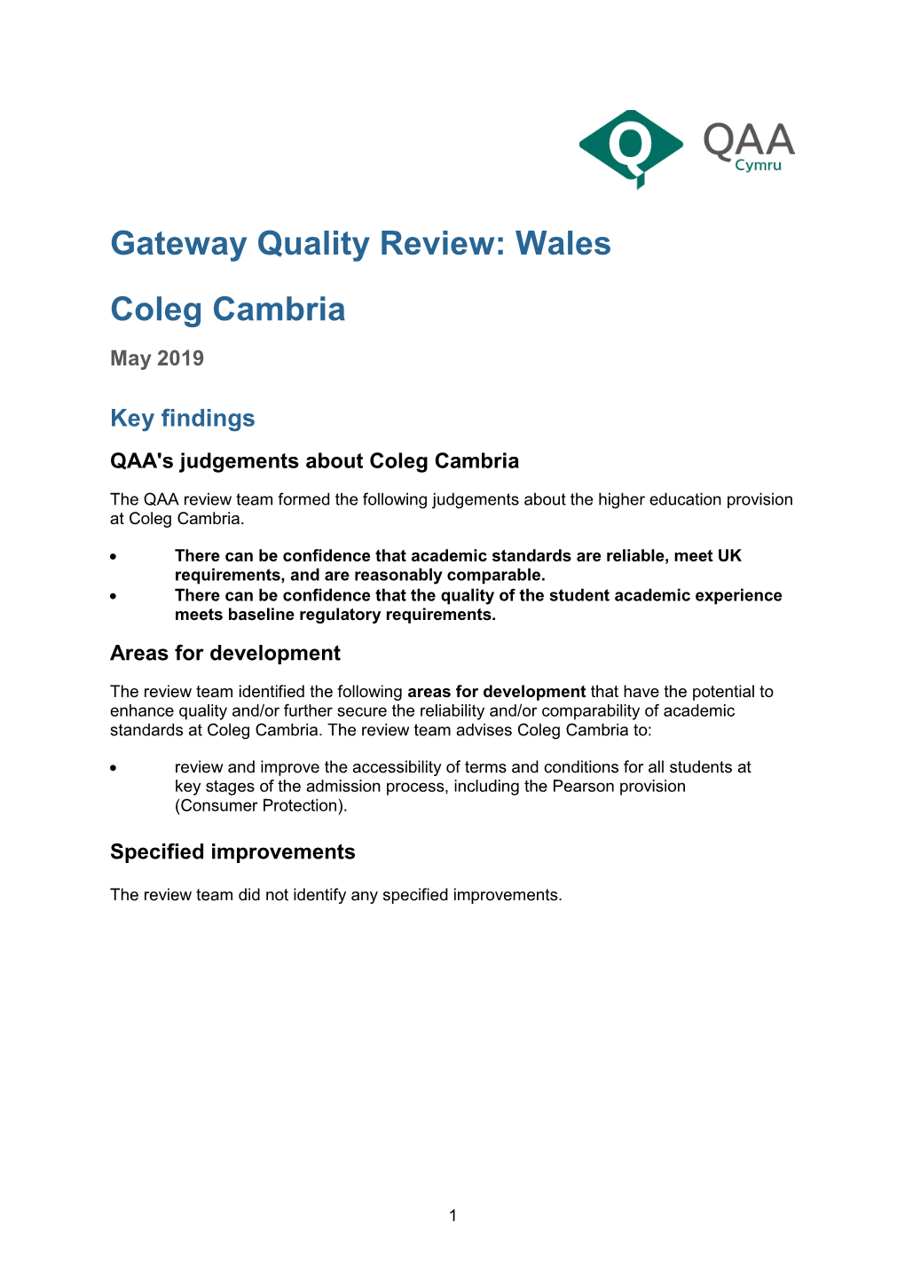 Gateway Quality Review: Wales: Coleg Cambria, May 2019