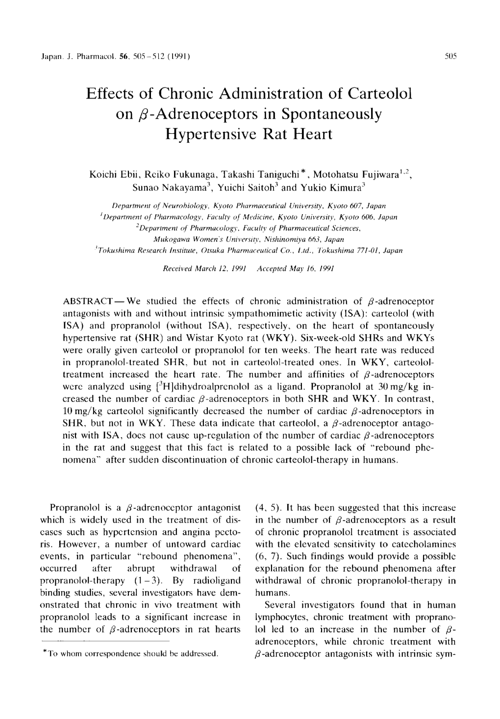 Effects of Chronic Administration of Carteolol on 8-Adrenoceptors in Spontaneously Hypertensive Rat Heart