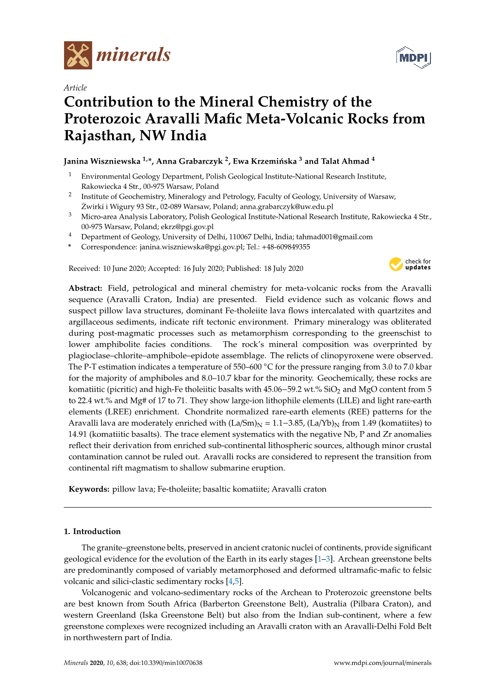 Contribution to the Mineral Chemistry of the Proterozoic Aravalli Mafic