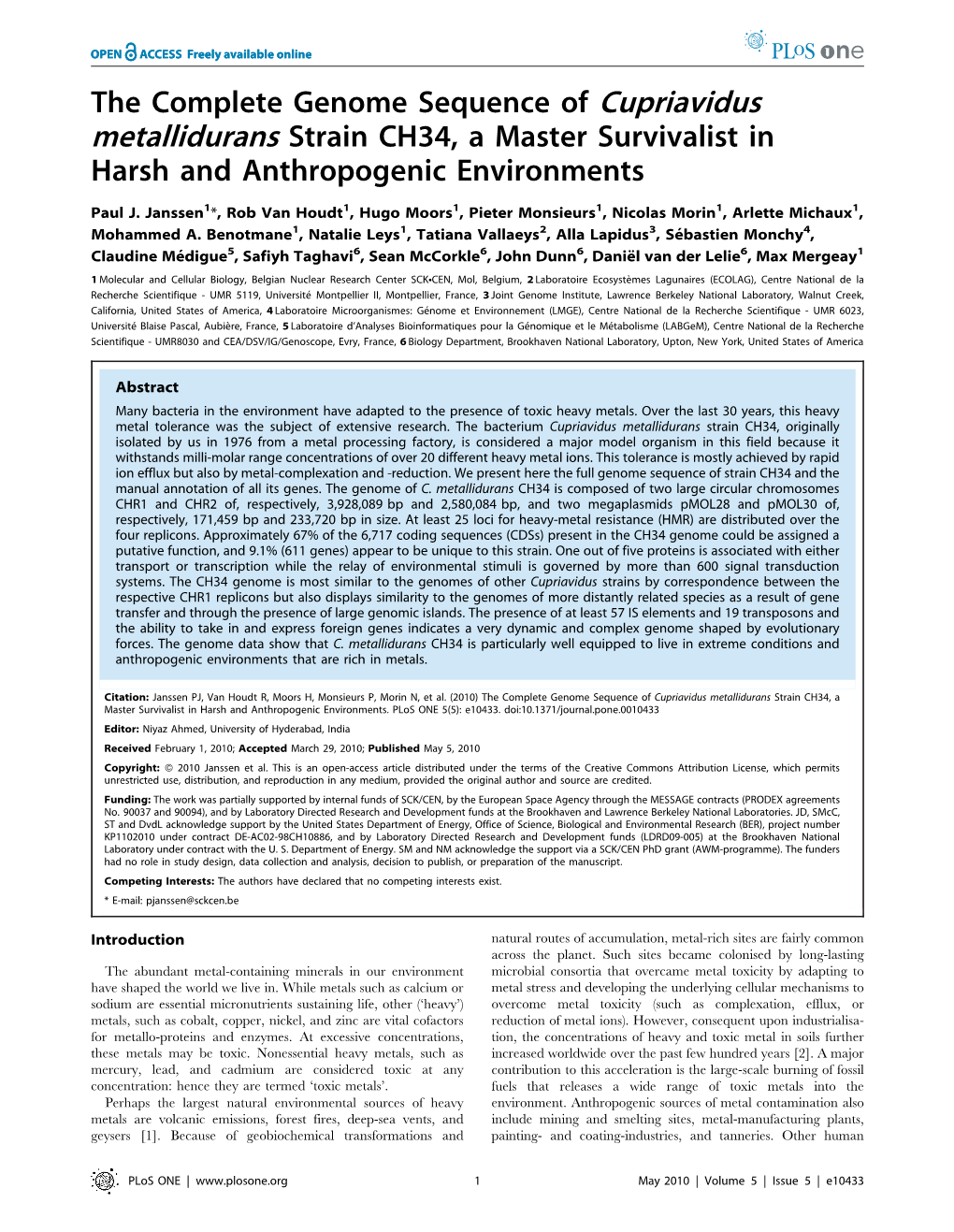 The Complete Genome Sequence of Cupriavidus Metallidurans Strain CH34, a Master Survivalist in Harsh and Anthropogenic Environments