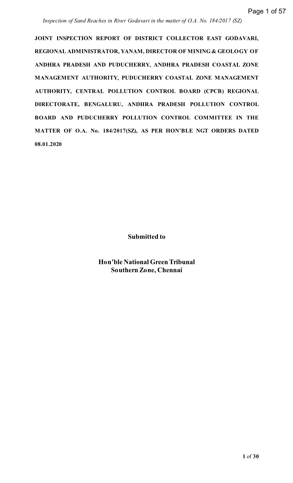 Submitted to Hon'ble National Green Tribunal Southern Zone, Chennai