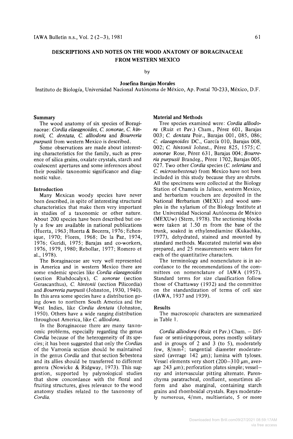 Descriptions and Notes on the Wood Anatomy of Boraginaceae from Western Mexico