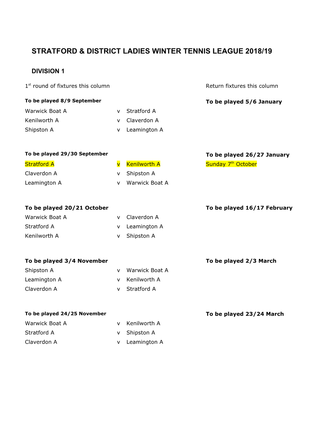 Stratford & District Ladies Winter Tennis League 2018/19