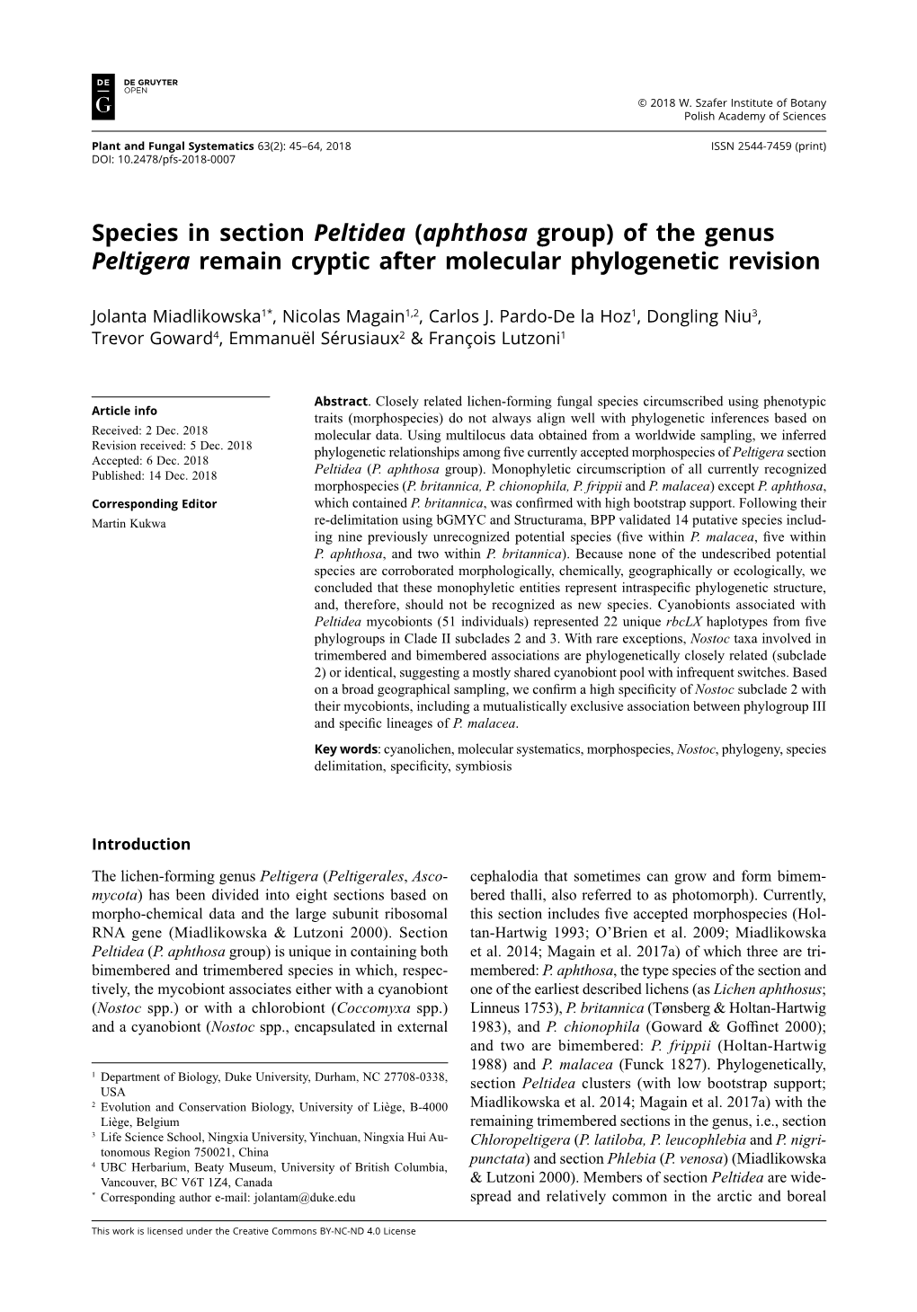 Of the Genus Peltigera Remain Cryptic After Molecular Phylogenetic Revision