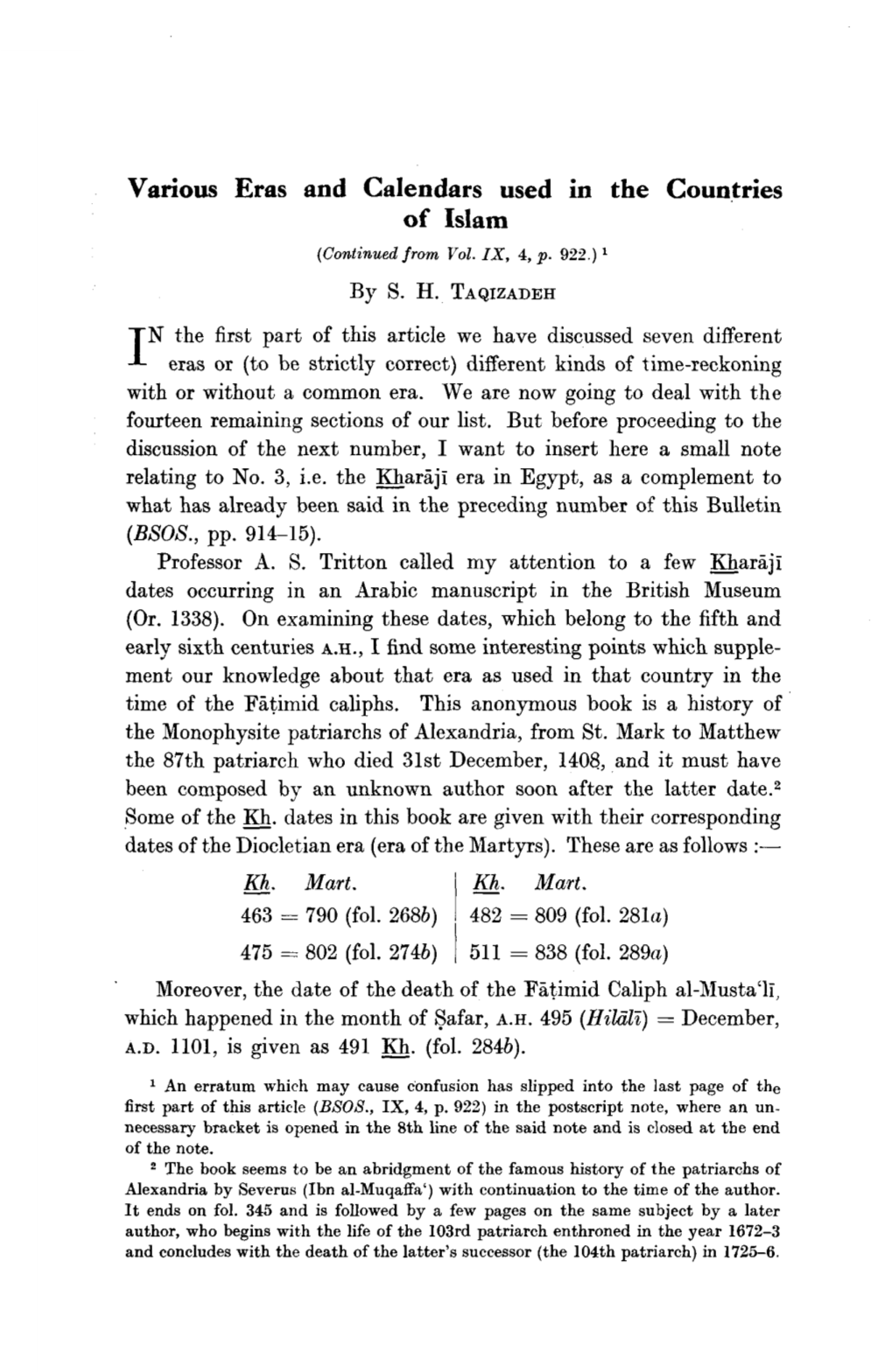 S. H. Taqizadeh, Various Eras and Calendars Used in the Countries of Islam, In