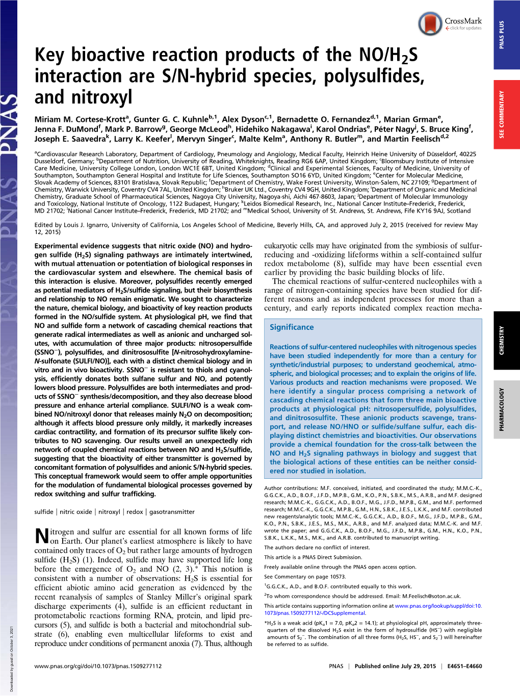 Key Bioactive Reaction Products of the NO/H2S Interaction Are S/N-Hybrid Species, Polysulfides, and Nitroxyl