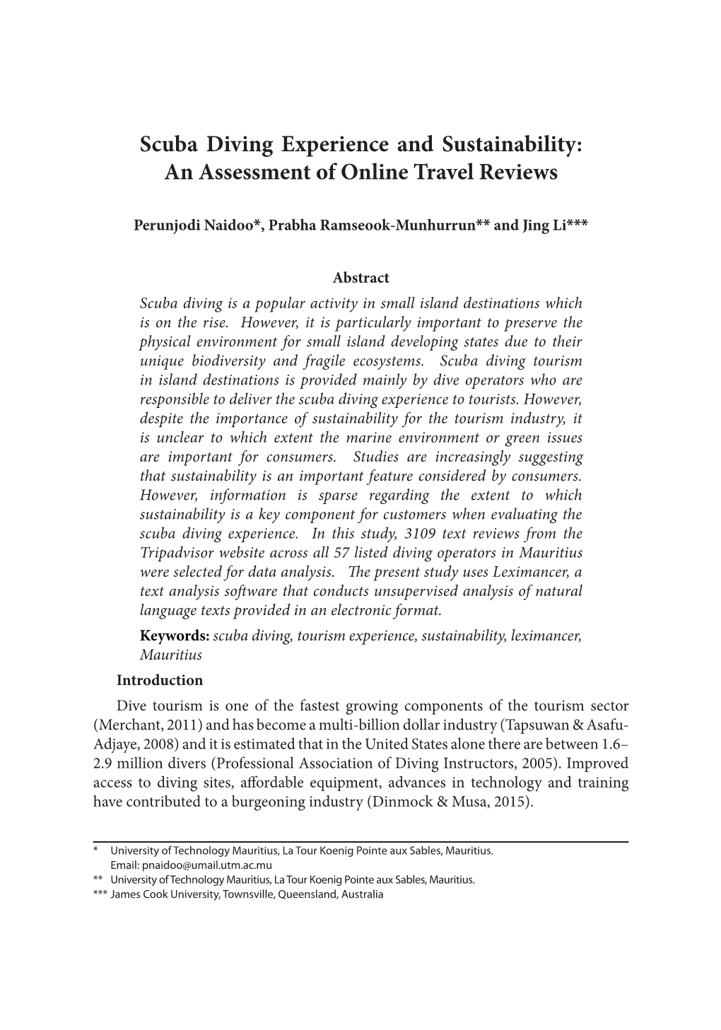 Scuba Diving Experience and Sustainability: an Assessment of Online Travel Reviews