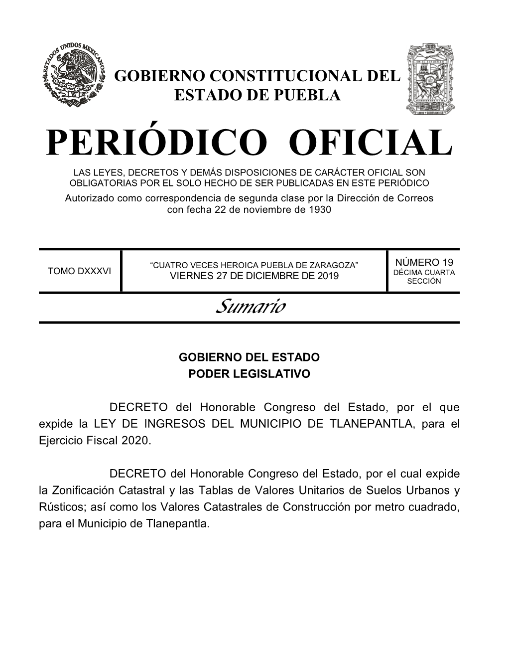 LEY DE INGRESOS DEL MUNICIPIO DE TLANEPANTLA, Para El Ejercicio Fiscal 2020